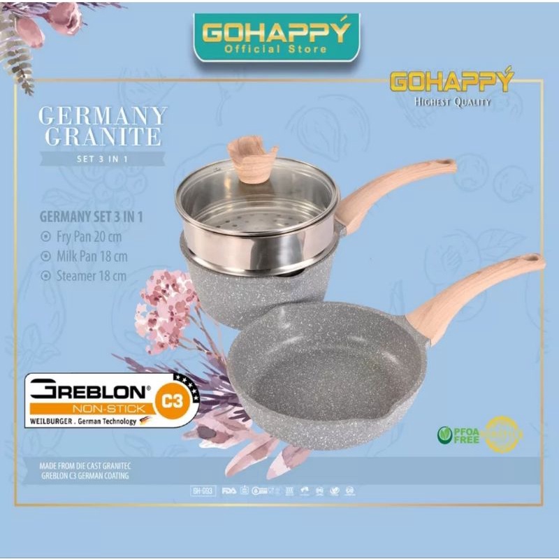 GOHAPPY Germany Granite Set Pan 3 in 1 Panci Wajan Keramik - Go Happy Abu-abu (GHG93)