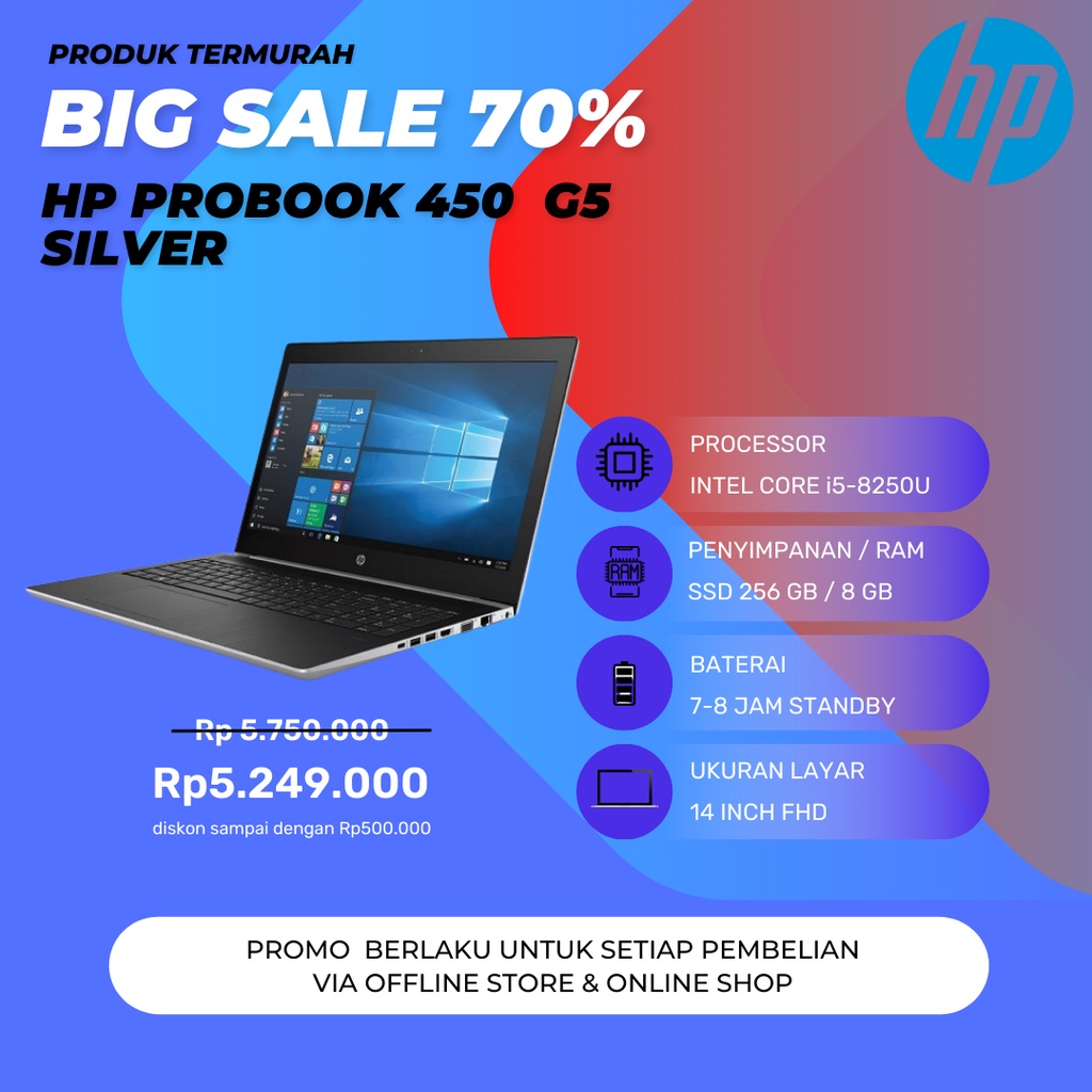 Laptop Murah | New Hp Probook 450 G5 Intel Core i5-8250U Ram 8GB Ssd 256GB Win 10 Layar 14 inch Backlit |