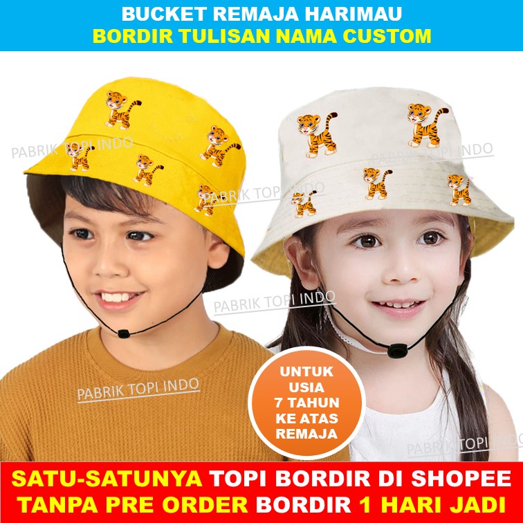 Topi Harimau Bucket Tiger dan Custom Bordir Nama Sesuka Kamu Usia 7 Tahun ke atas