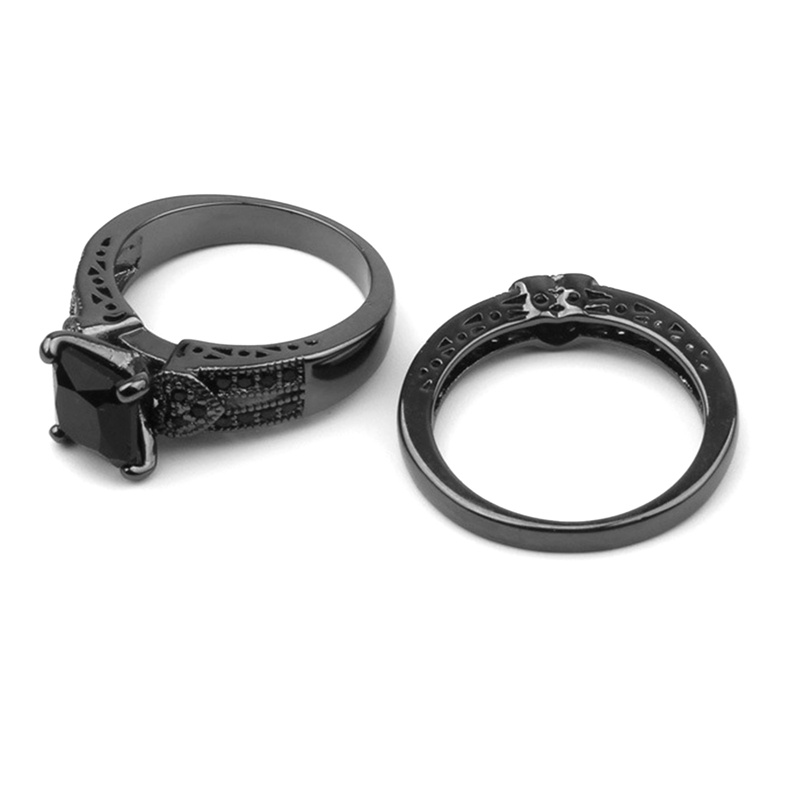 Fashion Wanita Persegi Hitam Cubic Zirconia Pengantin Cinta Hati Berlian Imitasi Set Cincin Pertunangan