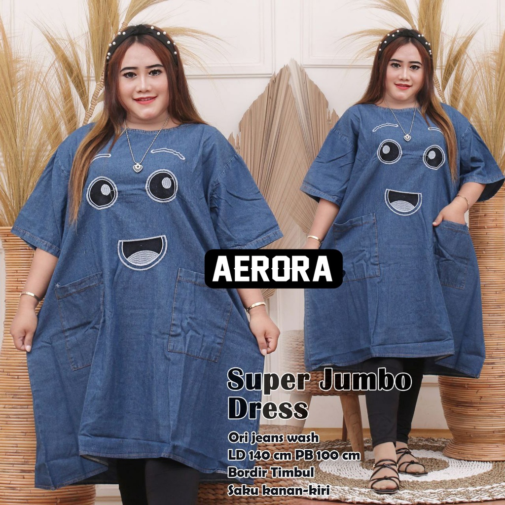 Baju Atasan Tunik Jeans Denim Jumbo Wanita Terbaru 2021 Bordir Halus Premium Kekinian Import Ld 140 P 100 New FaceLight Dress Allsize