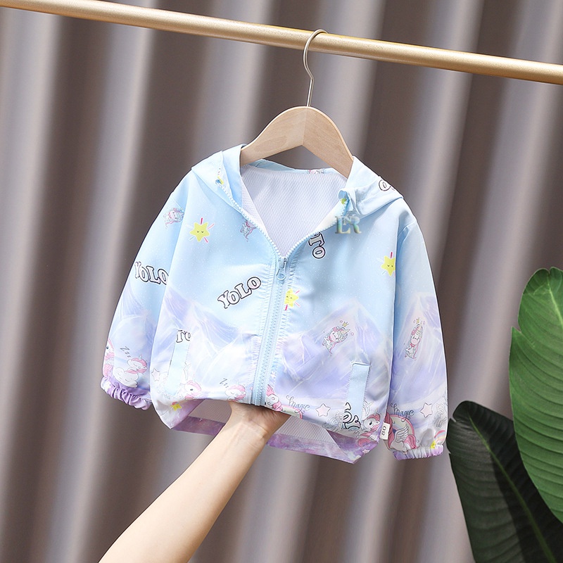 LNR Shop Jaket Anak Perempuan Dengan Topi Motif Frozen Elsa Unicorn Princess Snow White Cinderella Aurora Belle Putri Jasmine Ariel Kuda Poni Musim Semi Bahan Parasut Lembut Sweater Bertudung Kuda Poni