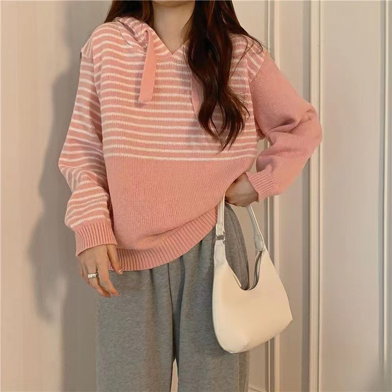 Fira Sweater Hoodie Stripes Top Soft Knit Import - Baju Rajut Wanita Tangan Panjang TM (M3808)