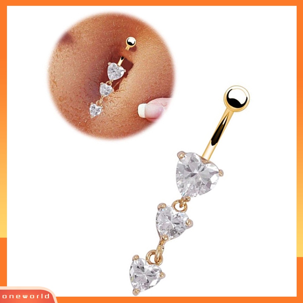 [oneworld] Cincin Pusar Emas Tindik Tubuh3Hati Kristal Bening Menjuntai Belly Button Rings