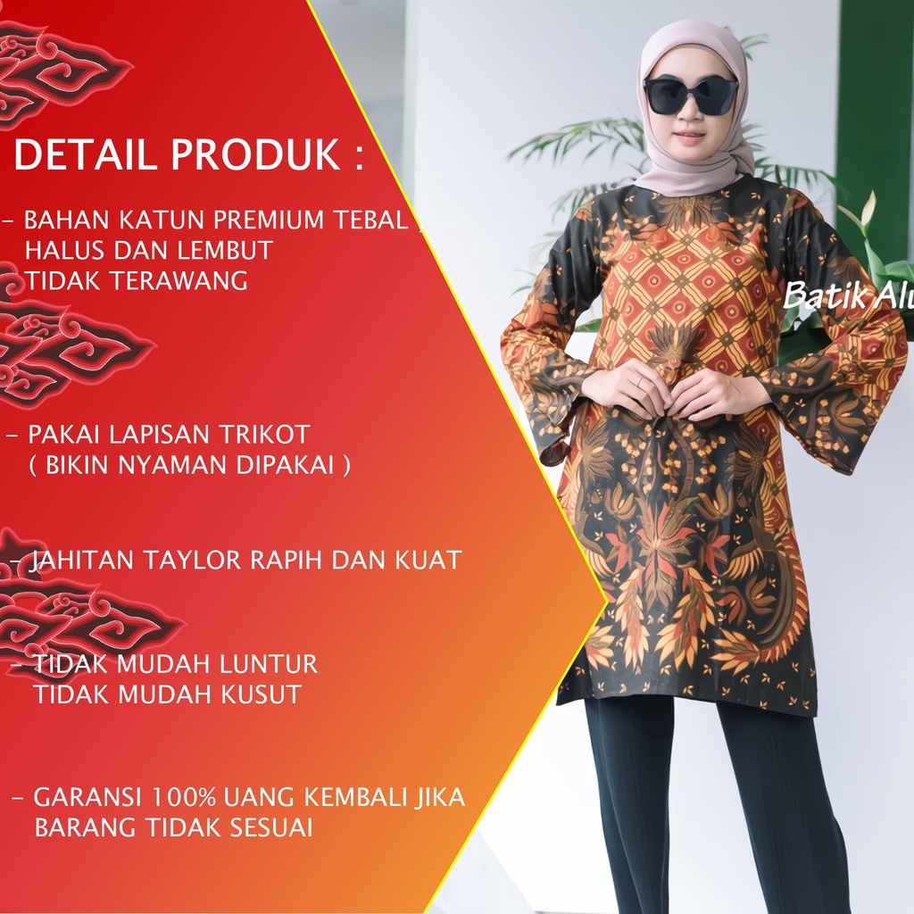 Batik Wanita Tunik Lengan Panjang Dewasa Terbaru Katun Lapis Trikot Premium Modern Batik Kerja Kantor Kondangan Size M L XL XXL 095