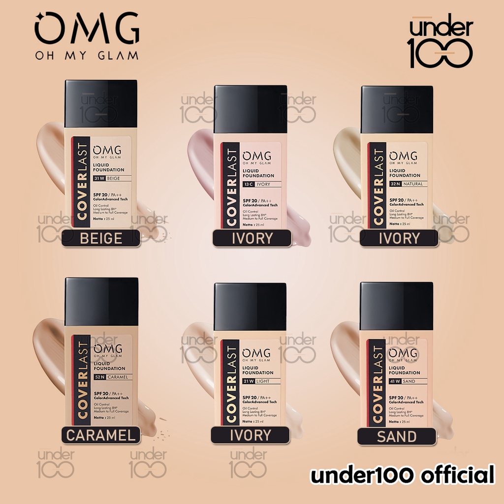 ❤ Under100 ❤ OMG Oh My Glam Coverlast Liquid Foundation Alas Bedak 25 ml | 41W Sand | 13C Ivory | 31W Beige | 52N Caramel | 32N Natural | 21W Light | BPOM