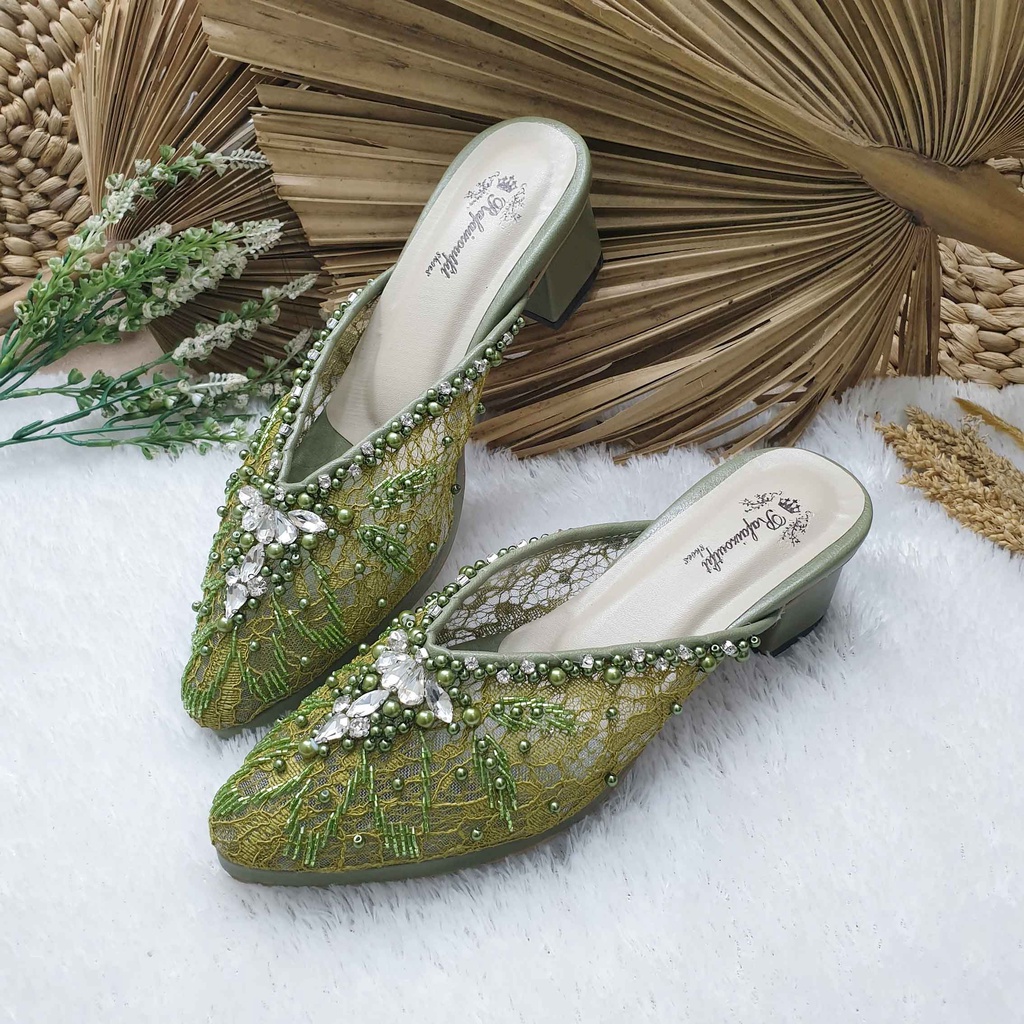 Sepatu wedding pesta cantik alena iceblue &amp; olive hak tahu 5/7 cm