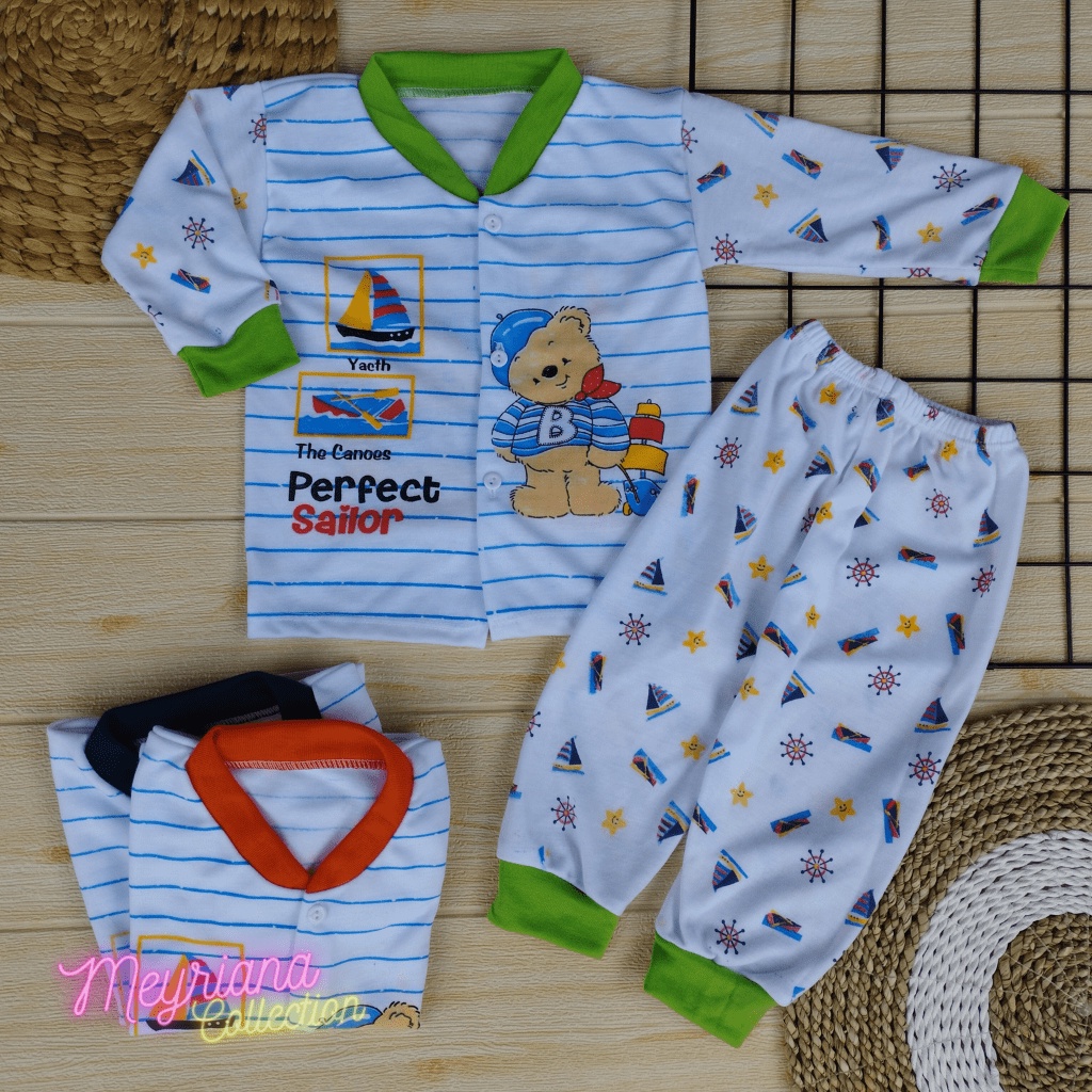 Setelan Piyama Baju Bayi Kaos Oblong Kancing Depan Lengan Panjang Baju Tidur Anak Usia 3-12 Bulan Motif SAILOR Meyriana Collection