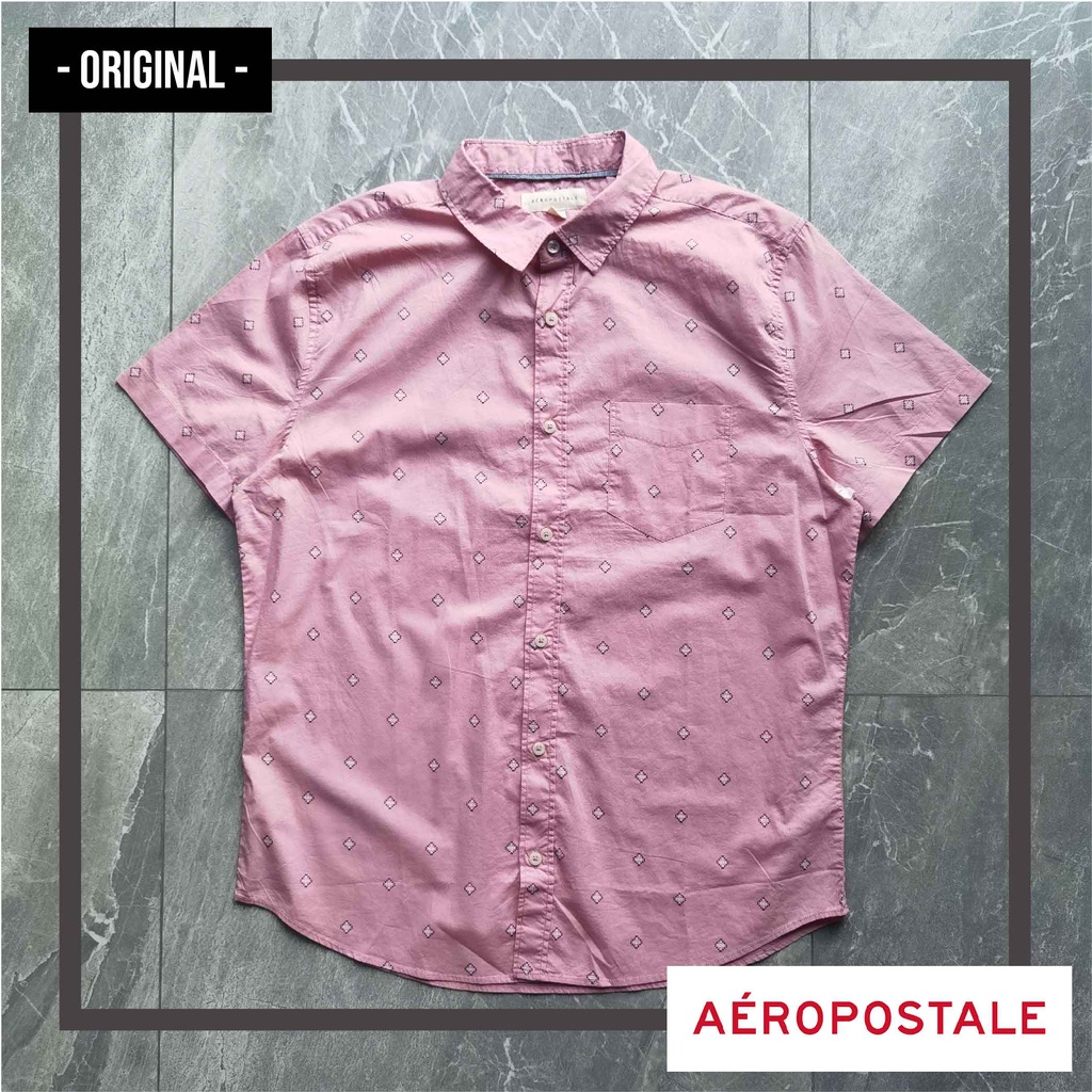 Kemeja Pria AEROPOSTALE Lengan Pendek Pink Kotak Putih Hitam ORIGINAL