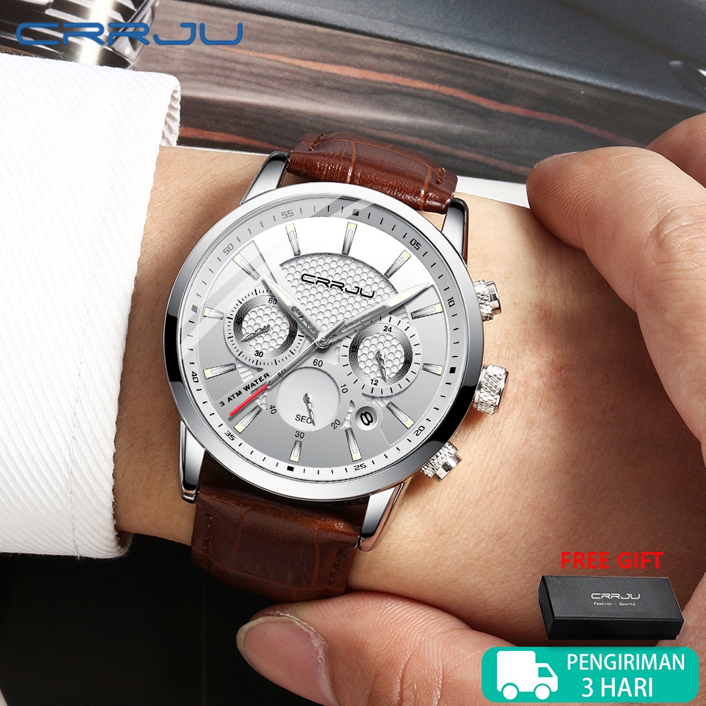 CRRJU Jam Tangan Pria Anti Air Terbaru Tipis Kronograf Quartz Kulit Arloji Olahraga(2212L)