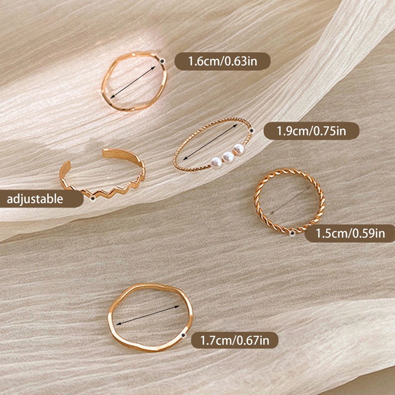 5pcs/set Cincin Logam Set Sederhana Mewah Mutiara Geometri Adjustable Jari Rings Wanita Perhiasan