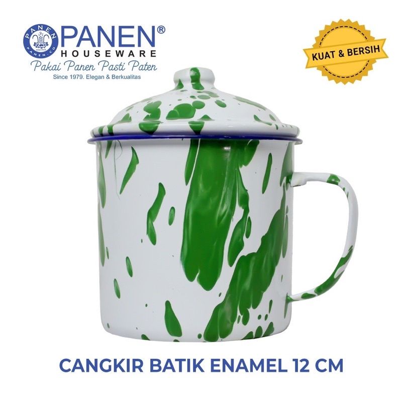 Mug Cangkir Jadul Enamel Lurik Batik Panen dengan Tutup
