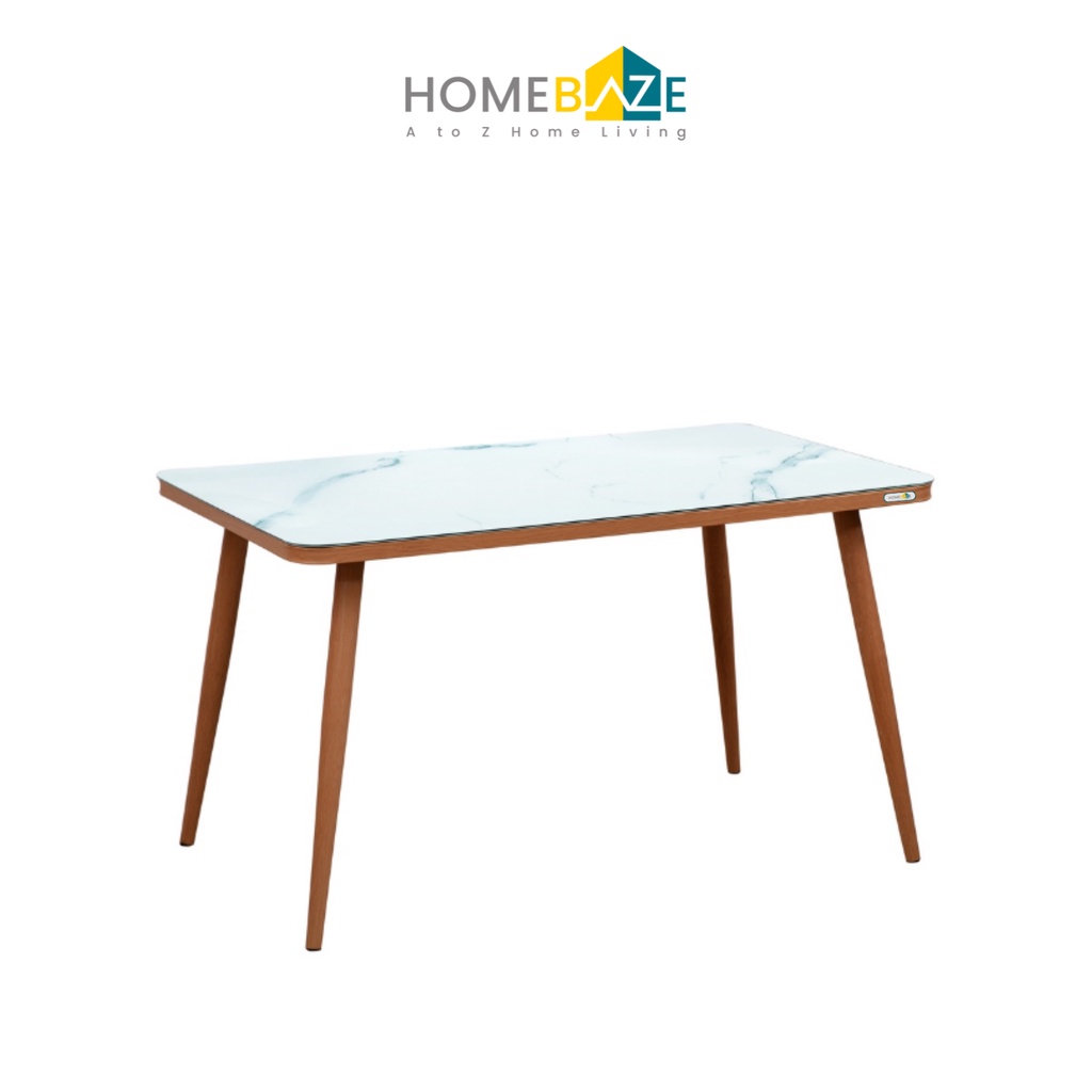 Homebaze - Meja Makan Kaca Tempered Motif Marble Putih