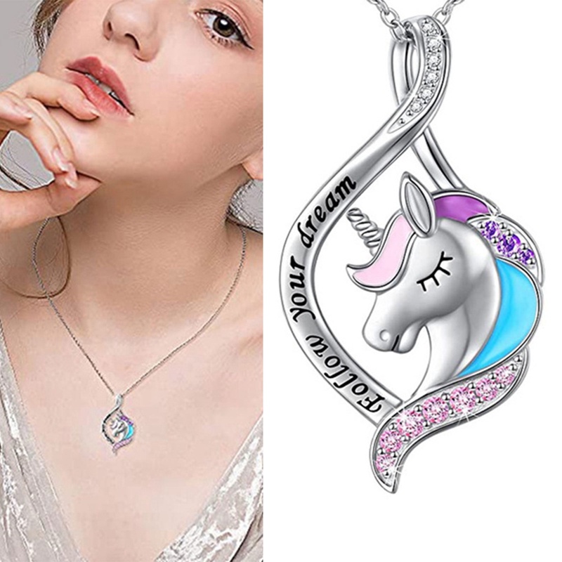 Aksesoris Wanita Lucu Colorful Unicorn Liontin Kalung Kristal Birthstone Kalung Pesta Ulang Tahun Anniversary Hadiah Perhiasan