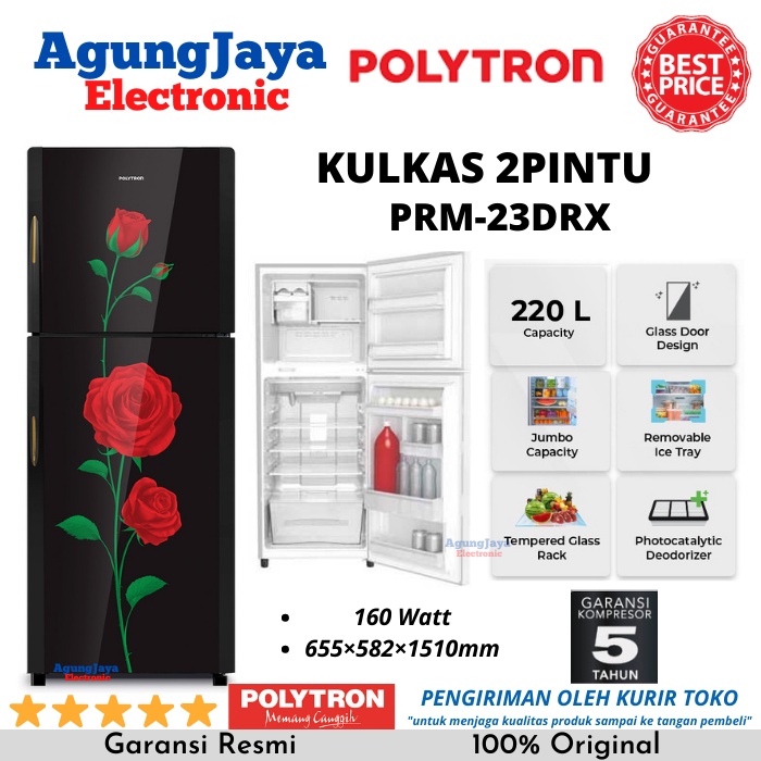 KULKAS POLYTRON PRM-23DRX BELLEZA VARIA LEMARI ES 2 PINTU 220 LITER (CILEGON SERANG)