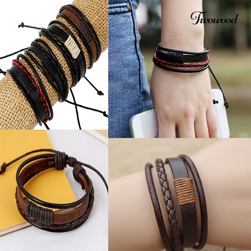 Twowood Unisex Vintage Retro Multilayer Braided Faux Leather Wristband Gelang Bangle