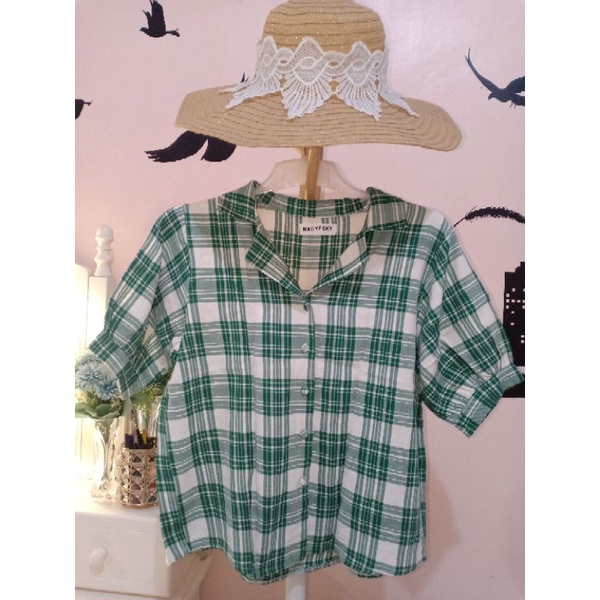 Blouse tartan hijau lengan balon / atasan wanita / kemeja lengan pendek tartan