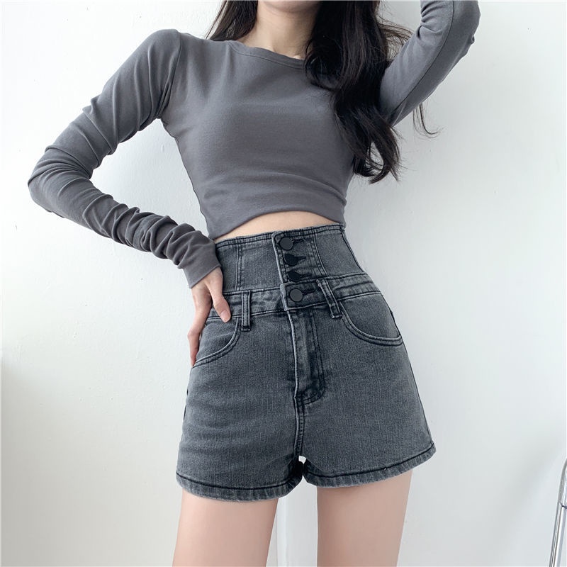 Red Musim Panas Gaya Baru Super Tinggi Pinggang Denim Tie Tali Celana Pendek Wanita Versi Korea Longgar Kaki Lebar Pelangsing All-Match Berkancing a-line Hot Pants