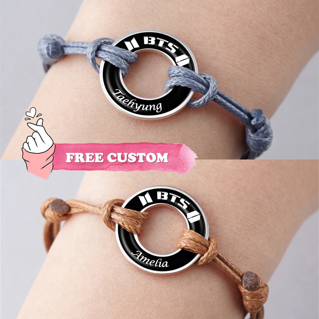 GELANG KPOP BTS CUSTOM NAMA RING PLAT CINCIN STAINLESS STEEL TALI KULIT KEPANG KOREA WARNA