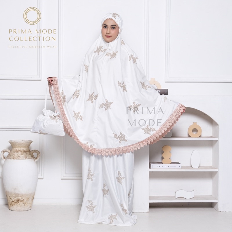 PRIMA MODE - Mukena Dewasa Full Bordir Bunga Rose Strimin Rosalia Premium Renda Katun