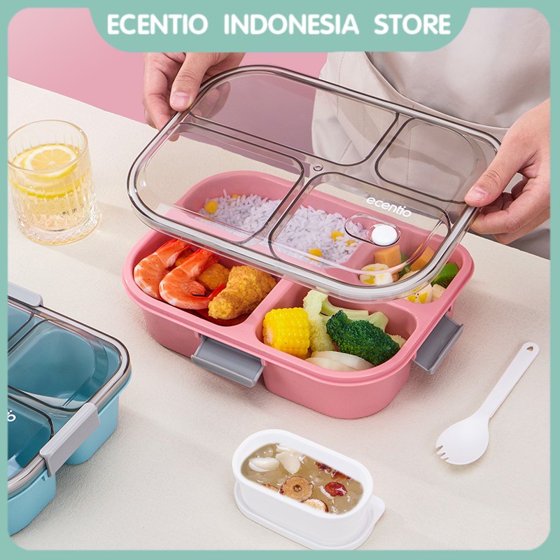 ecentio Kotak Bekal 4 Grid 1550ml Kotak Sup 140ml Anti Tumpah Free Sendok Kotak Makan BPA Free