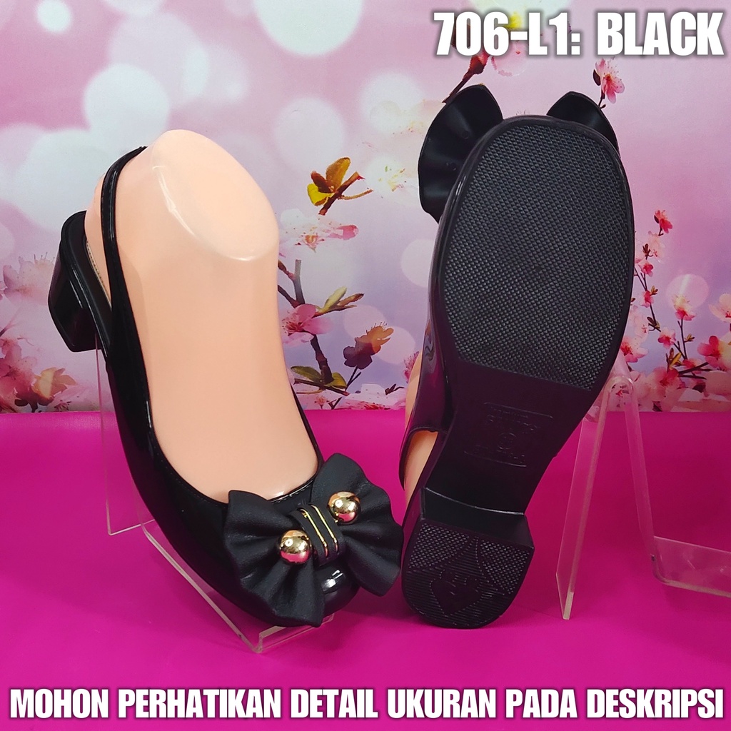 Sepatu Slob Jelly pita Wanita 706 L1 Wedges Hitam Formal Cewek SPTWW