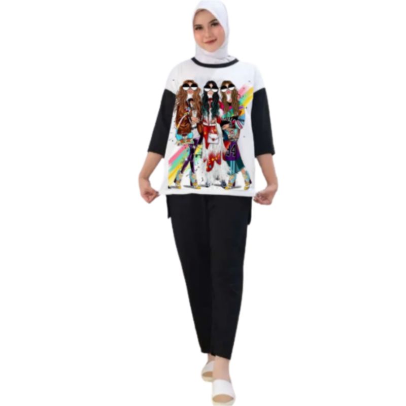 Setelan Kaos Wanita Dewasa Oversize Ld 110 cm Terbaru 2023 Viral Gambar Digital Printing Bahan Kaos Babyterry Tangan 3/4 dan Celana Panjang One Set Wanita Dewasa Jumbo Kekinian Atasan Baju Wanita Dewasa Big Size Stelan Baju Wanita Santai Cewek 84