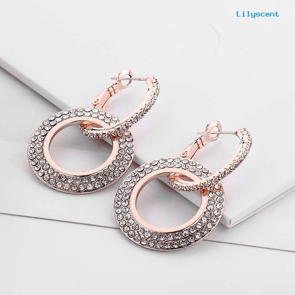 [LS] Wanita Fashion Berlian Imitasi Ganda Lingkaran Hoop Huggie Earrings Pesta Perhiasan Pesona