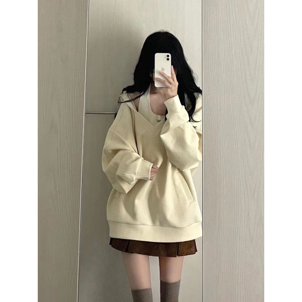 ♣☬Lanao keinginan murni gaya hot girl menggantung leher bordir musim semi dan musim gugur dua potong sweater retro Harajuku BF all-match hoodie kasual