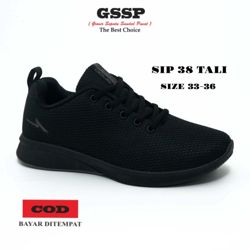 Sepatu sekolah anak laki laki perempuan sepatu Ando Original SIP 38 tali full hitam sepatu Sneakers 