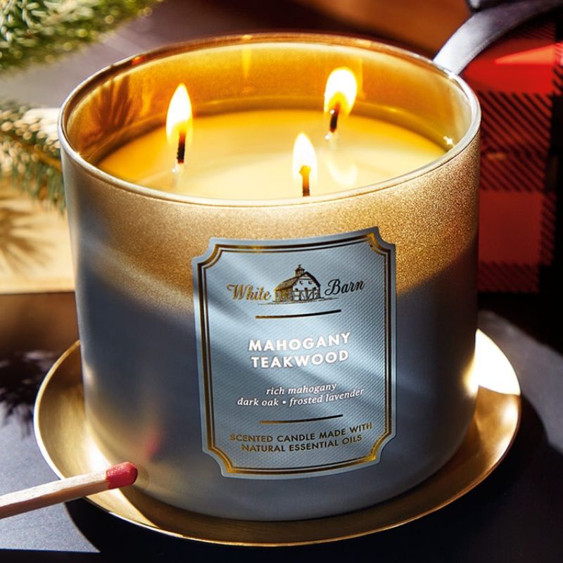 BBW MAHOGANY TEAKWOOD 3-WICK SCENTED CANDLE 411 G BATH &amp; BODY WORKS LILIN WANGI 3 SUMBU UKURAN BESAR PENGHARUM RUANGAN