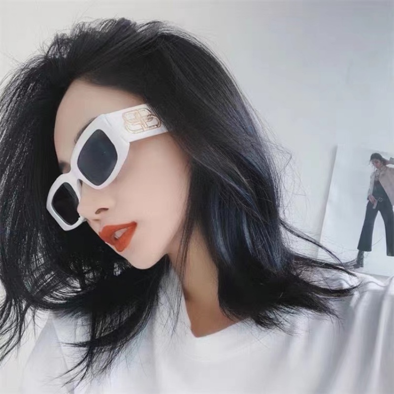 (YUZHU) Ins Fashion Kacamata Hitam Persegi Panjang Untuk Wanita Gaya Retro Design Sunglasses Double B Wide Temple Sunglasses