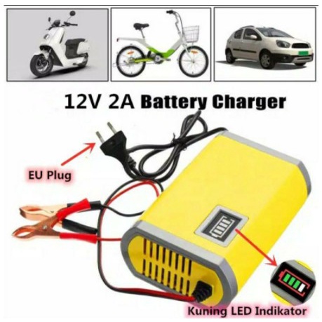 CHARGER AKI MOTOR ATAU MOBIL ACCU AKI BASAH & KERING 12V 2A PORTABLE / Alat Cas Aki Motor Mobil - Si