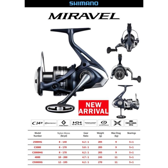 SHIMANO MIRAVEL 22  2500Hg, C3000, C3000Hg, 4000, C5000Xg
