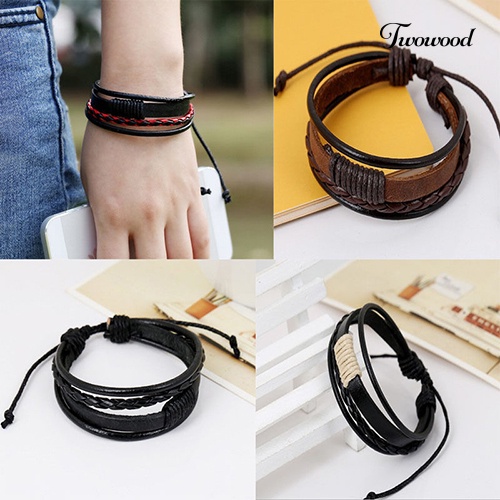 Twowood Unisex Vintage Retro Multilayer Braided Faux Leather Wristband Gelang Bangle