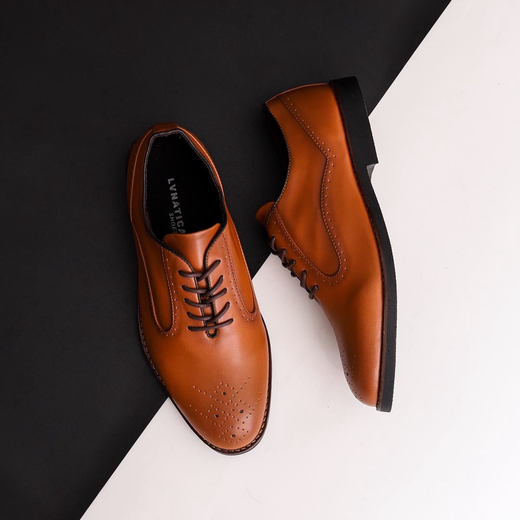 CERBERUS BROWN ORIGINAL x LVNATICA Sepatu Formal Coklat Tali Pria Pantofel Kerja Kantor Dinas Guru Kantoran Pesta Undangan Wedding Kondangan Nikah Kuliah Modern Casual Oxford Derby Semi Kulit Premium Footwear Big Size Jumbo Ukuran Besar 44 Keren Terbaru