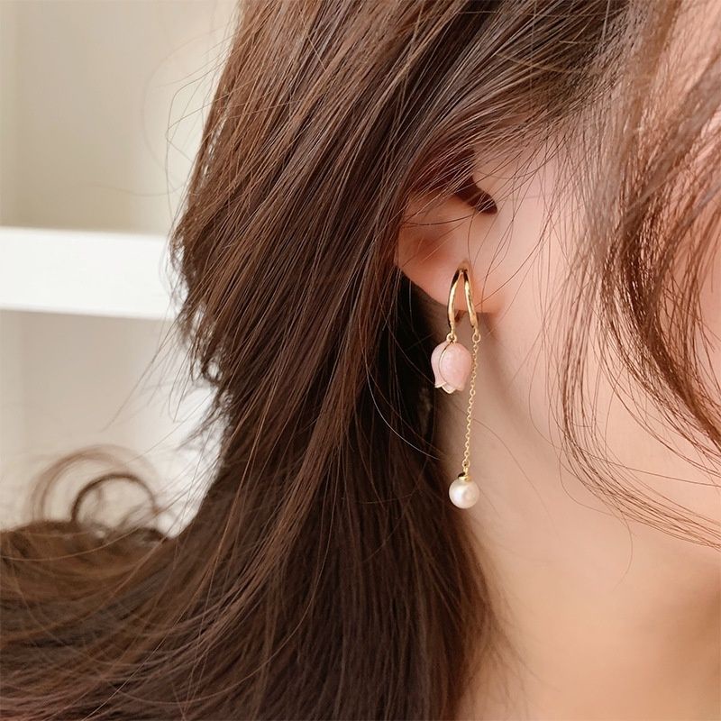 FerenHongXia Anting Rumbai Liontin Bunga tulip Warna Pink Aksen Mutiara Untuk Wanita