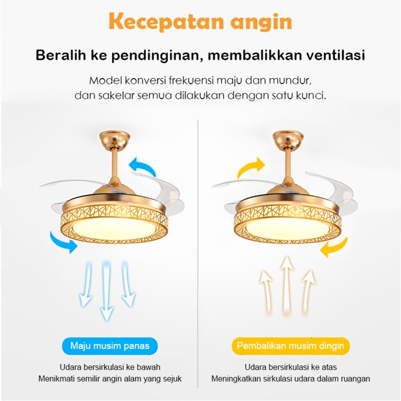 Golden LED Lampu Plafon Kipas Angin Lampu Gantung Plafon Lampu Hias Gantung Ruang Tamu Remote Contorl Plafon Fan 3 Warna