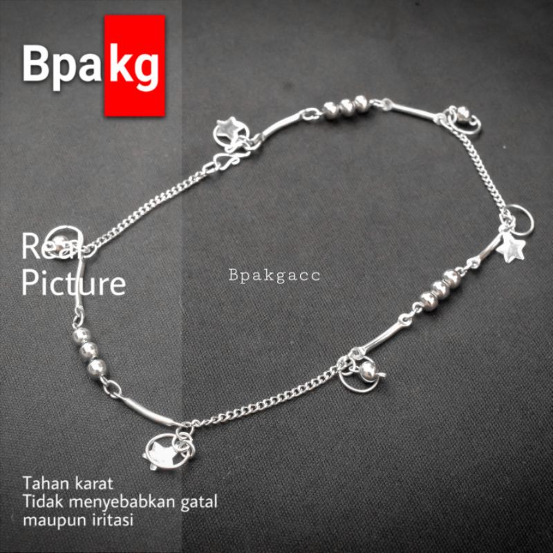 Gelang kaki rantai bengkok cha bola wanita Anti karat # Gelang Kaki monel silver rumbai bulat rantai