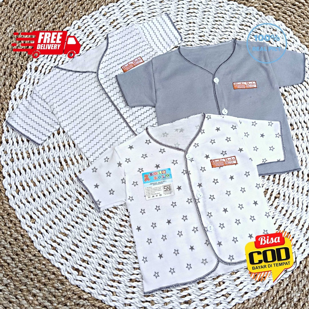 SALE 7.7 Serian Abu - 3 pcs Baju Bayi Tangan Pendek Bayi Baru Lahir 0 sd 3 Bulan Grey Series merk SNI Bolo - Bolo