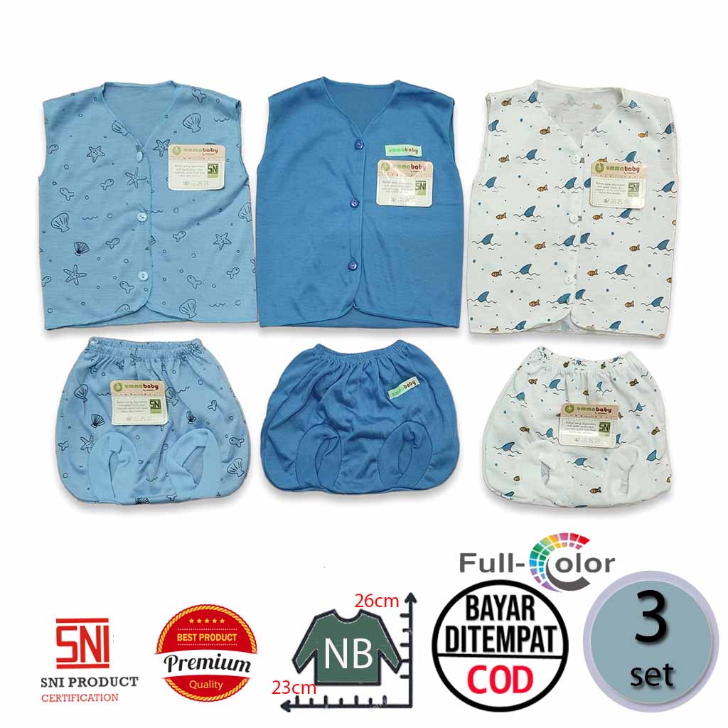Isi 6 pcs Baju Bayi Kutung Celana Bayi 3 Set Baju Lengan Buntung Perlengkapan Bayi Baru Lahir Gift Set Baby Newborn Kado Murah Paus Sarna Ocean Series