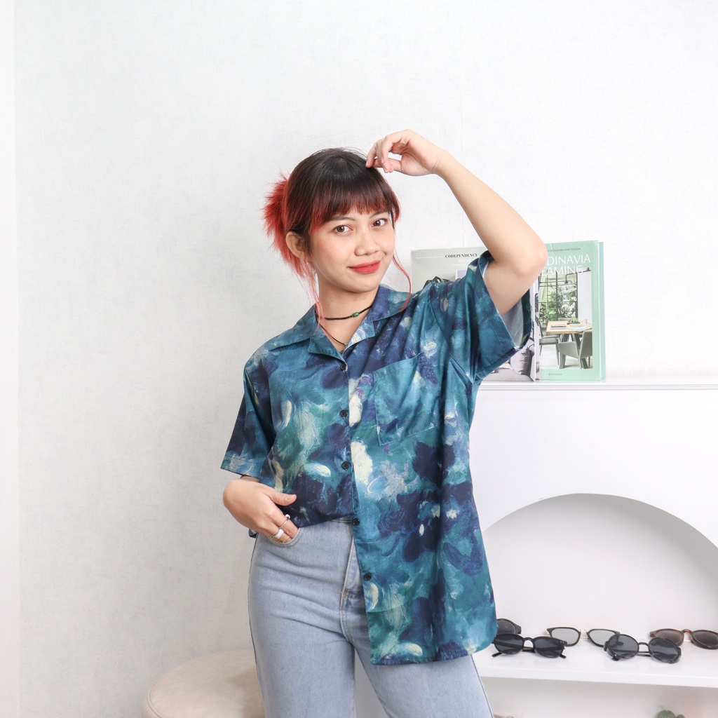 Korean printed kemeja wanita casual premium silk lengan pendek