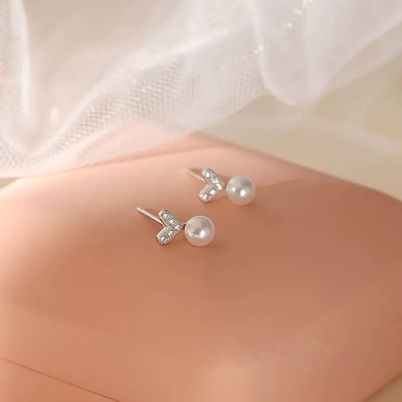 Papaozhu Indah s925 Perak Berkilauan Kristal Hati Mutiara Stud Anting-Anting Untuk Wanita Perempuan Elegan Kecil Anting-Anting Pesta Pacaran Telinga Perhiasan