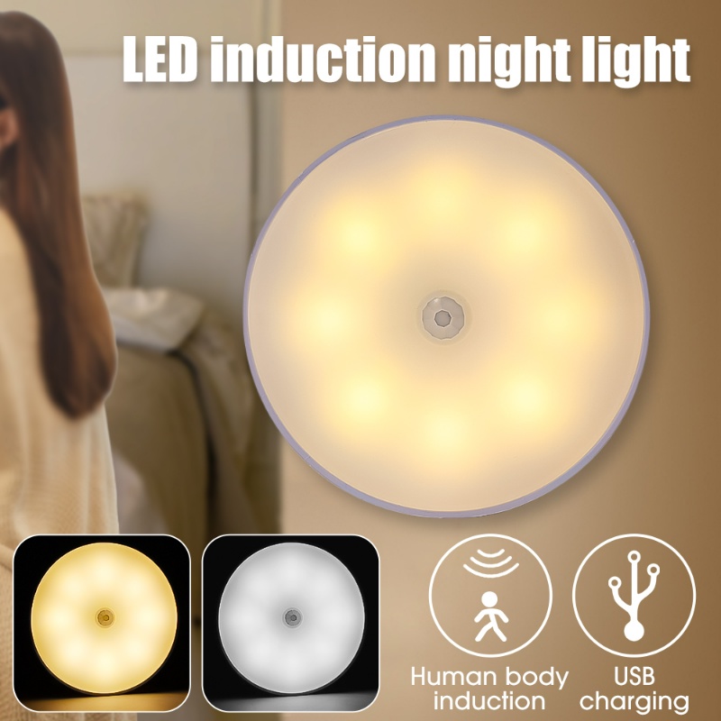 Usb Rechargeable PIR Motion Sensor LED Night Light Lampu Hias Dinding Bulat Wireless Lampu Dinding Indoor Untuk Kabinet, Lemari, Tangga, Lemari, Lorong