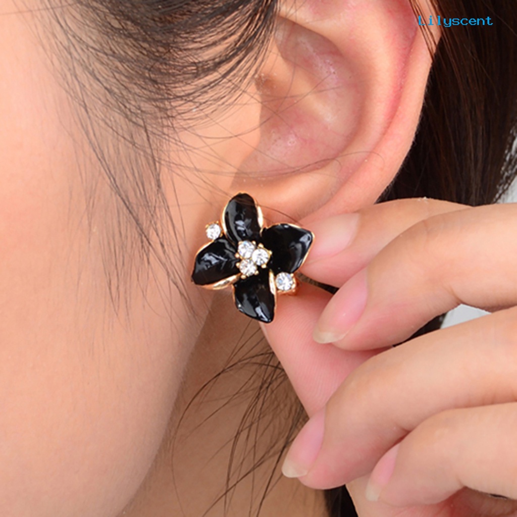 [LS] 1pasang Wanita Fashion Elegan Kristal Imitasi Camellia Ear Studs Earrings Perhiasan Untuk Pakaian Sehari-Hari