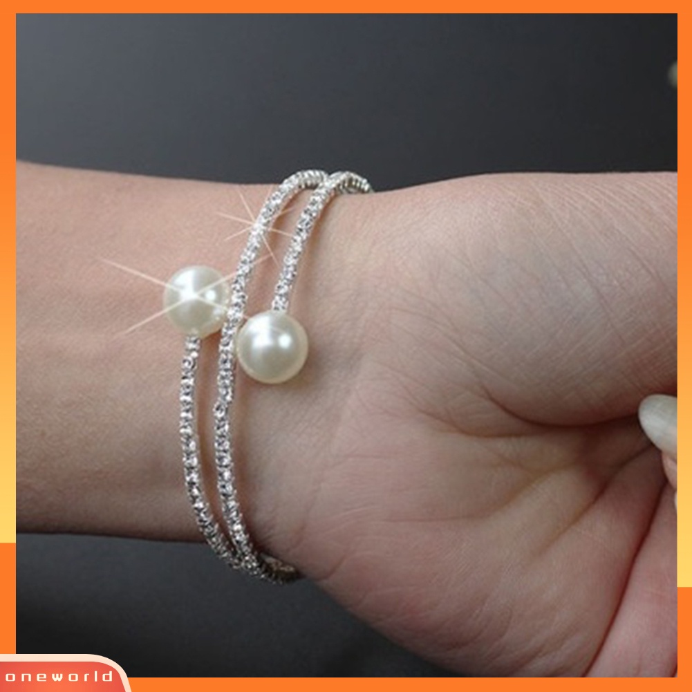 {oneworld} Wanita Penuh Berlian Imitasi Multi-layer Gelang Pergelangan Tangan Mutiara Imitasi Manset Terbuka Bangle