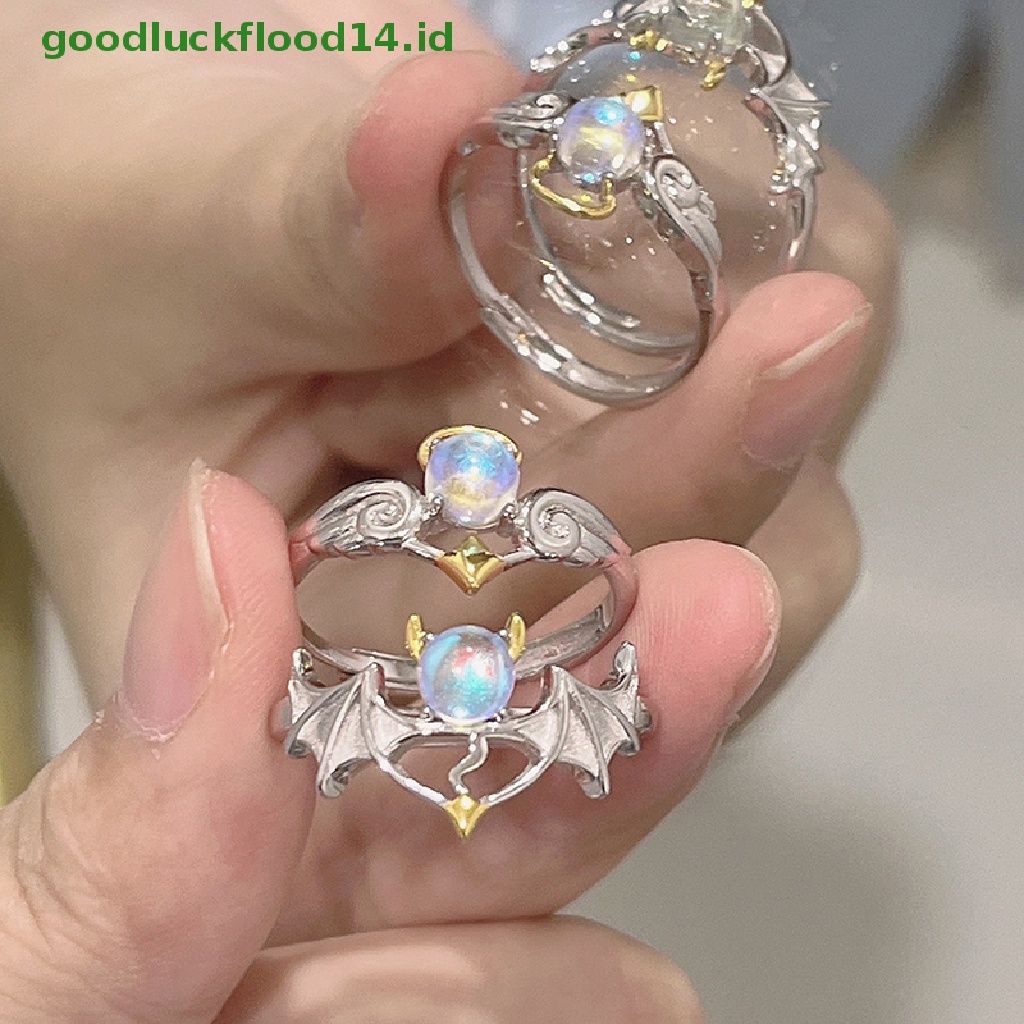 [GOOGFOUR] Moonstone Angel and Demon Wings Cincin Pasangan Untuk Wanita Fashion Cincin Pembukaan Yang Dapat Disesuaikan Perhiasan Pesta [TOP]