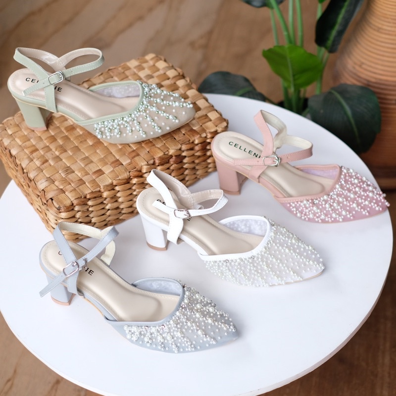 𝗖𝗘𝗟𝗟𝗘𝗡𝗘 Let Beads Heels / wedding shoes / sepatu brokat payet tali hak 7cm