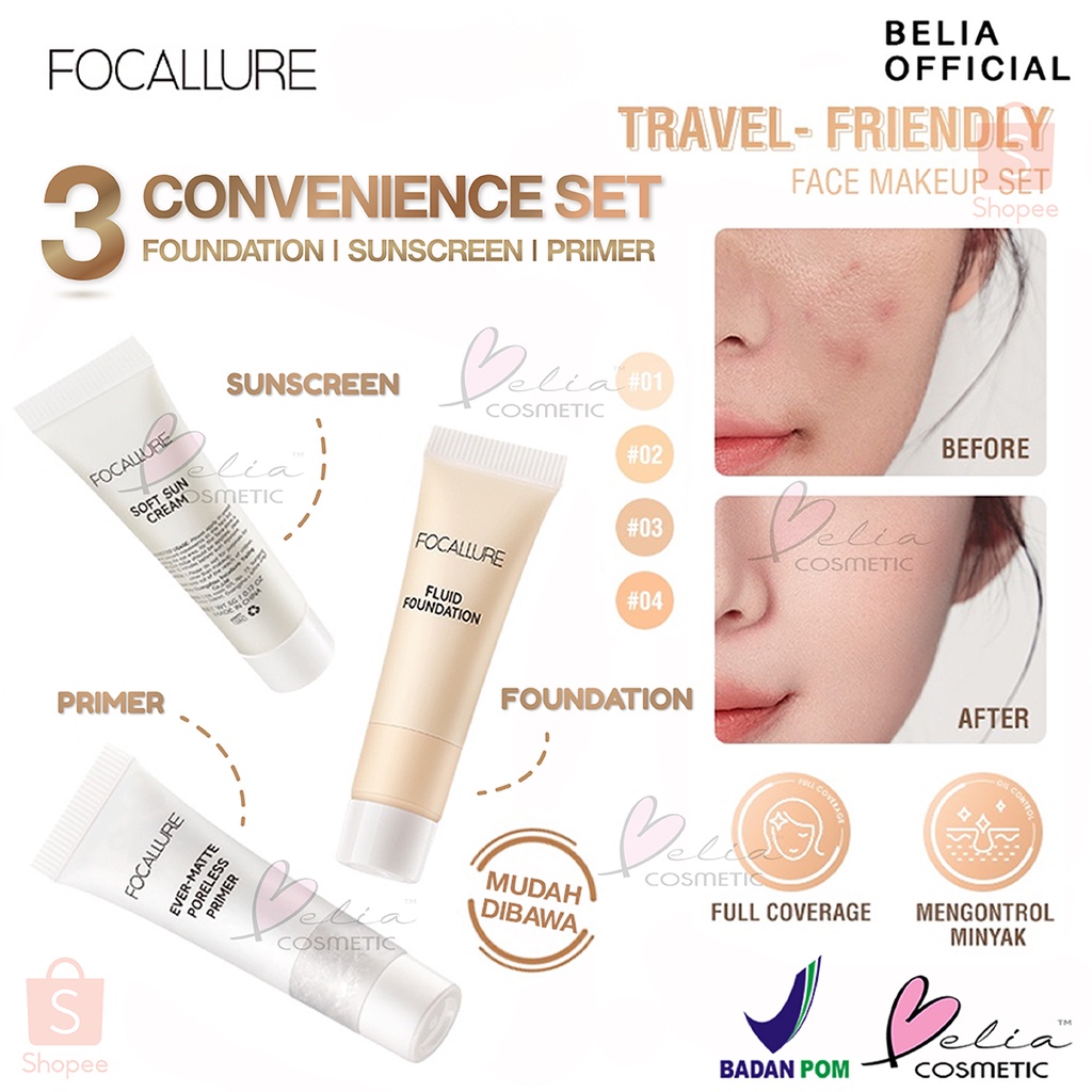 ❤ BELIA ❤ 'FOCALLURE Fluid Foundation | Ever-Matte Poreless Primer | Soft Sun Cream Travel Size 5g | BPOM'