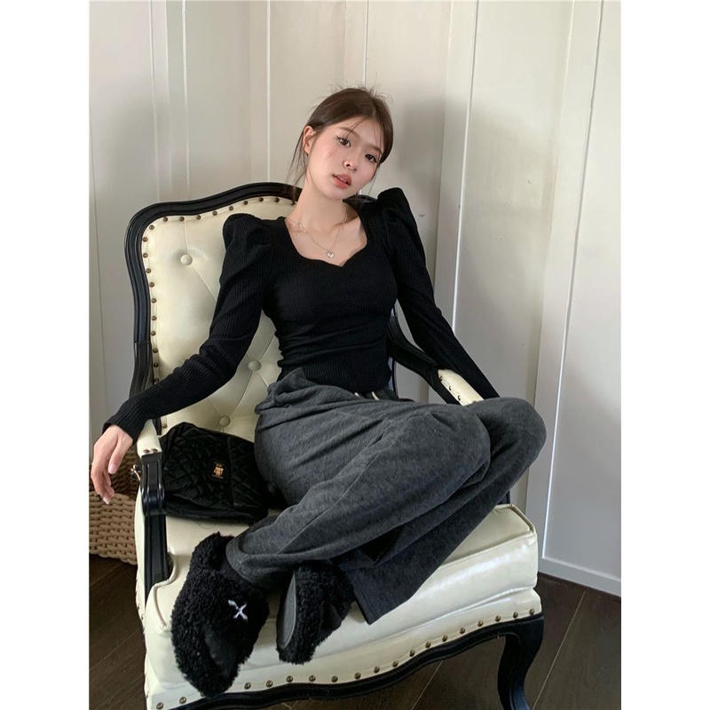 Red French niche square collar puff sleeve bottoming shirt women s autumn and winter 2022 new slim fit and thin outerwear long-sleeve tops